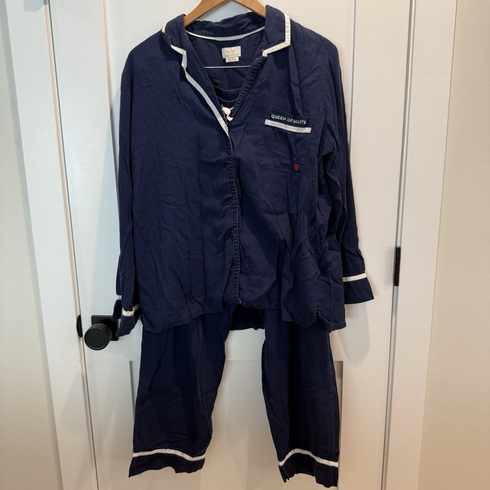 Kate Spade Queen Of Hearts Navy Blue Piped Sleepwear Lounge Set Size XL